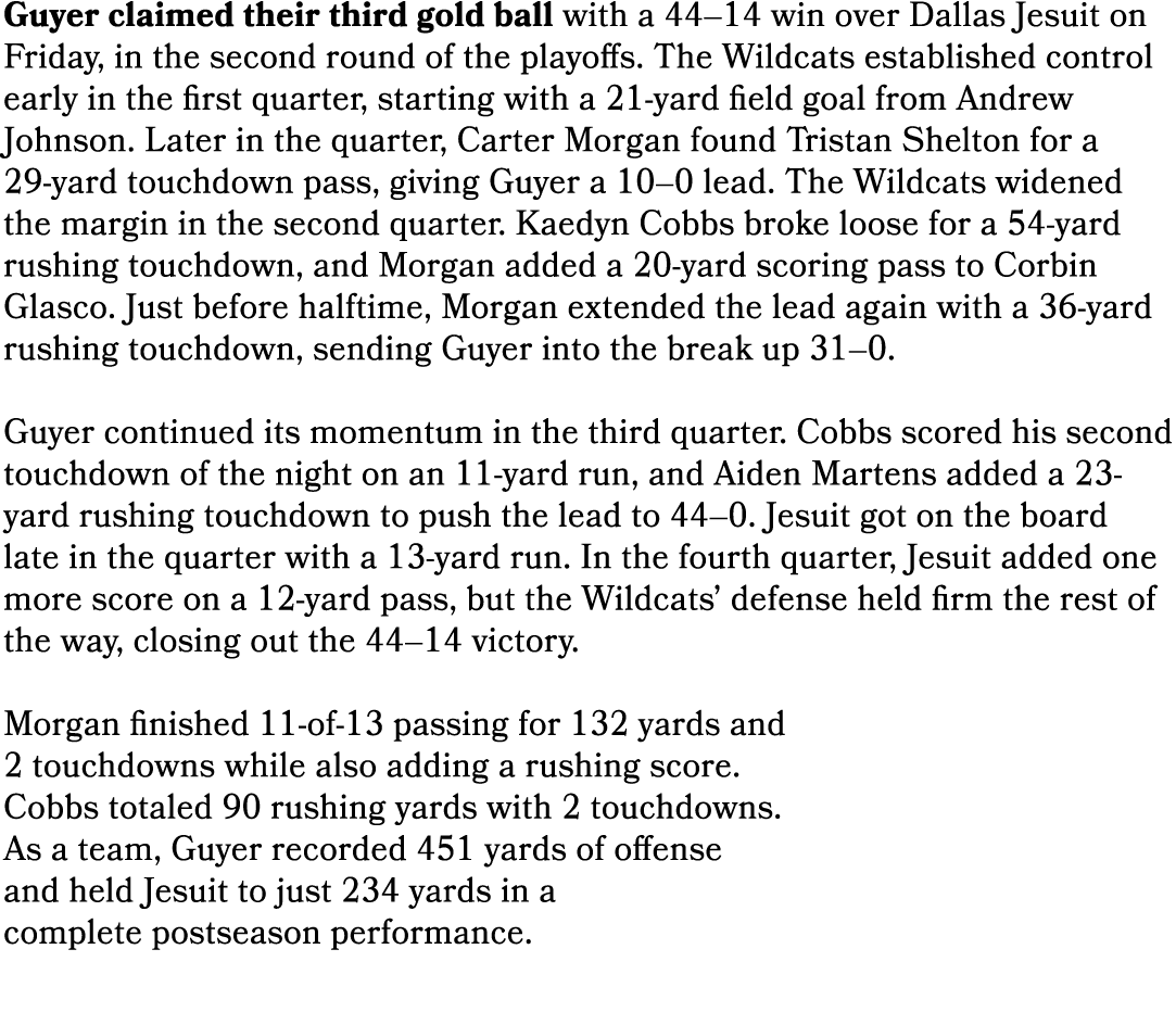 Guyer claimed their third gold ball with a 44–14 win over Dallas Jesuit on Friday, in the second round of the playoff...