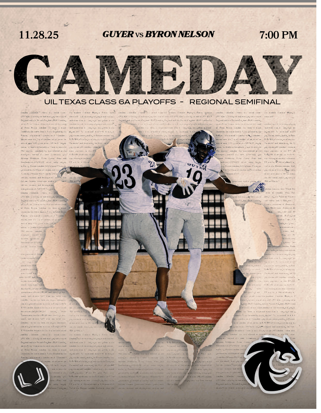 UIL Texas CLASS 6a PLAYOFFS Regional semifinal,7:00 PM,11.28.25,GUYER vs Byron Nelso