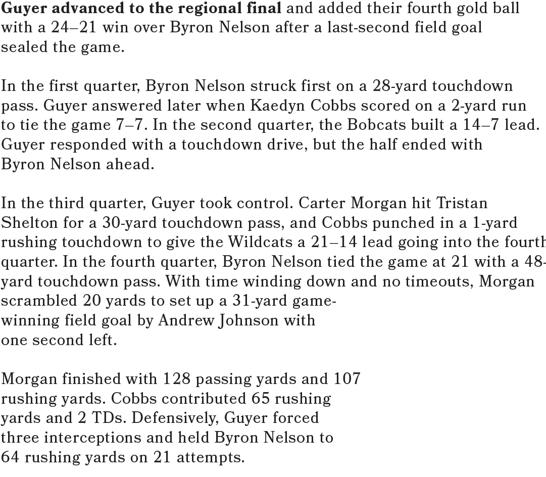 Guyer advanced to the regional final and added thier fourth gold ball with a 24–21 win over Byron Nelson after a last...