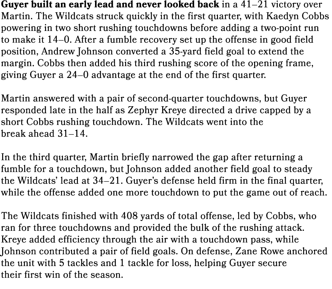 Guyer built an early lead and never looked back in a 41–21 victory over Martin. The Wildcats struck quickly in the fi...