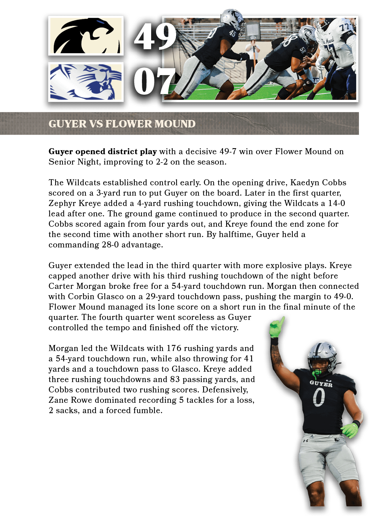 Guyer opened district play with a decisive 49 7 win over Flower Mound on Senior Night, improving to 2 2 on the season...