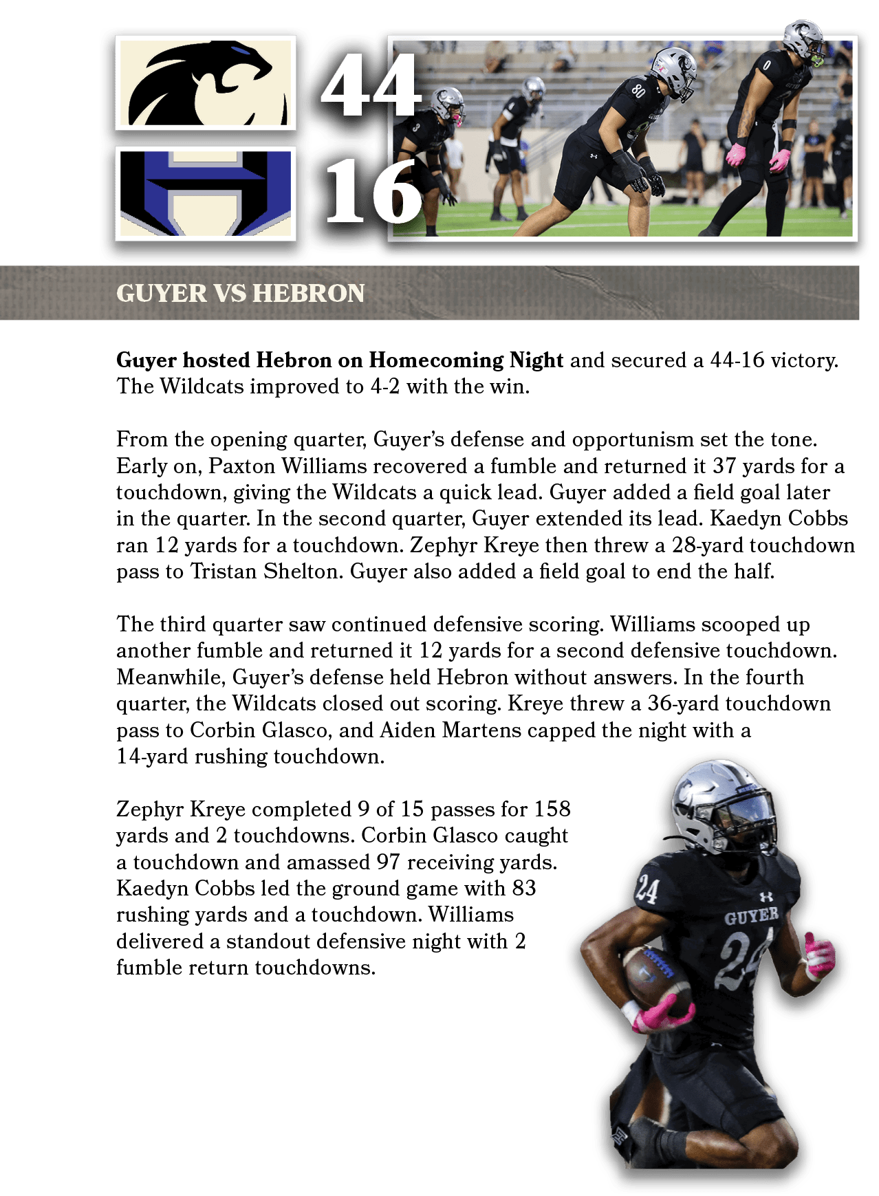Guyer hosted Hebron on Homecoming Night and secured a 44 16 victory. The Wildcats improved to 4 2 with the win. From ...