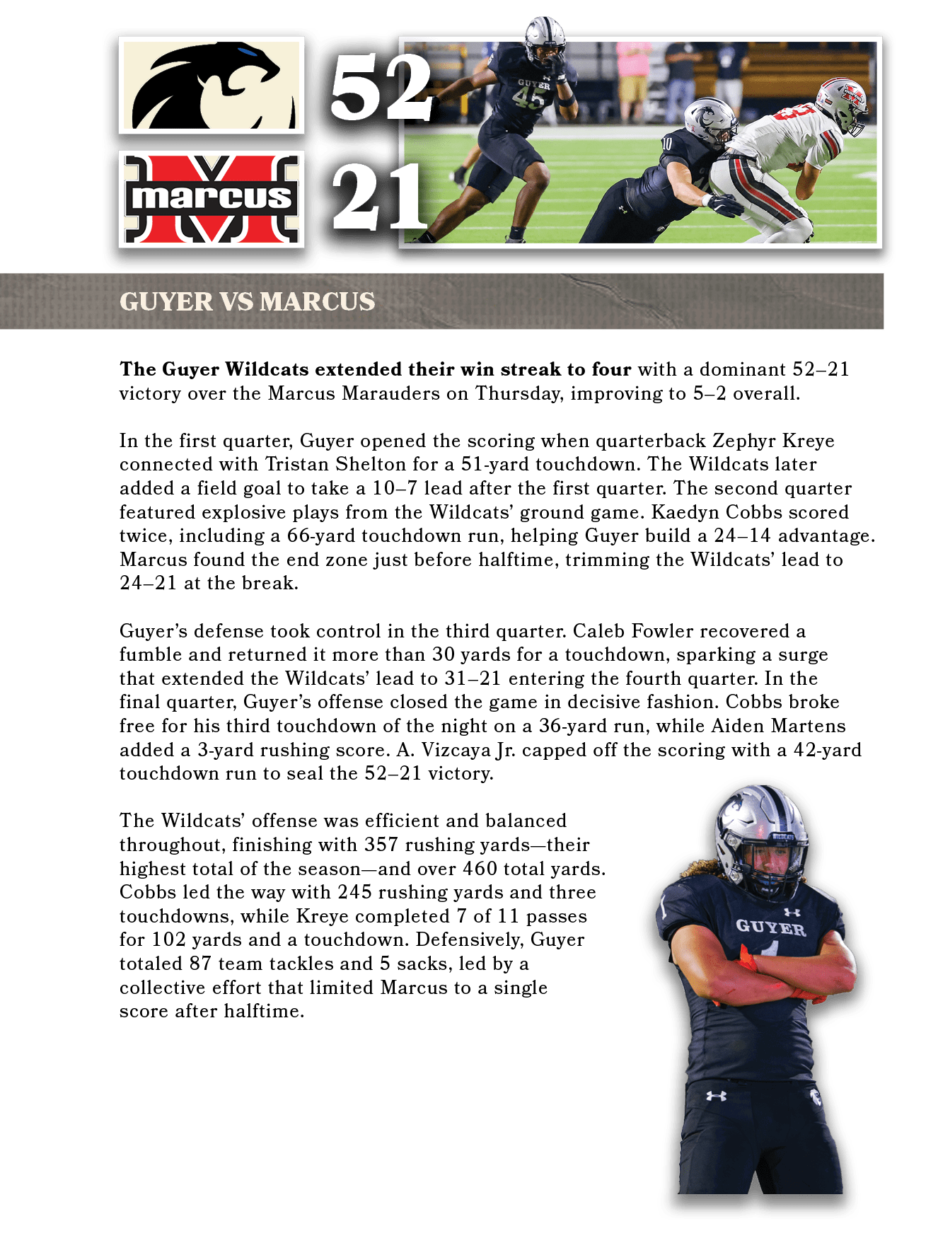 The Guyer Wildcats extended their win streak to four with a dominant 52–21 victory over the Marcus Marauders on Thurs...