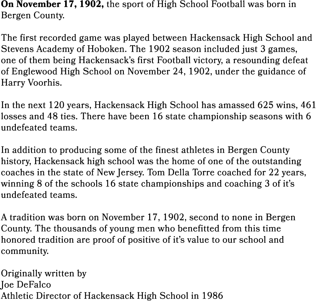 On November 17, 1902, the sport of High School Football was born in Bergen County. The first recorded game was played...