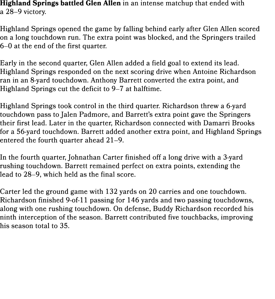 Highland Springs battled Glen Allen in an intense matchup that ended with a 28–9 victory. Highland Springs opened the...