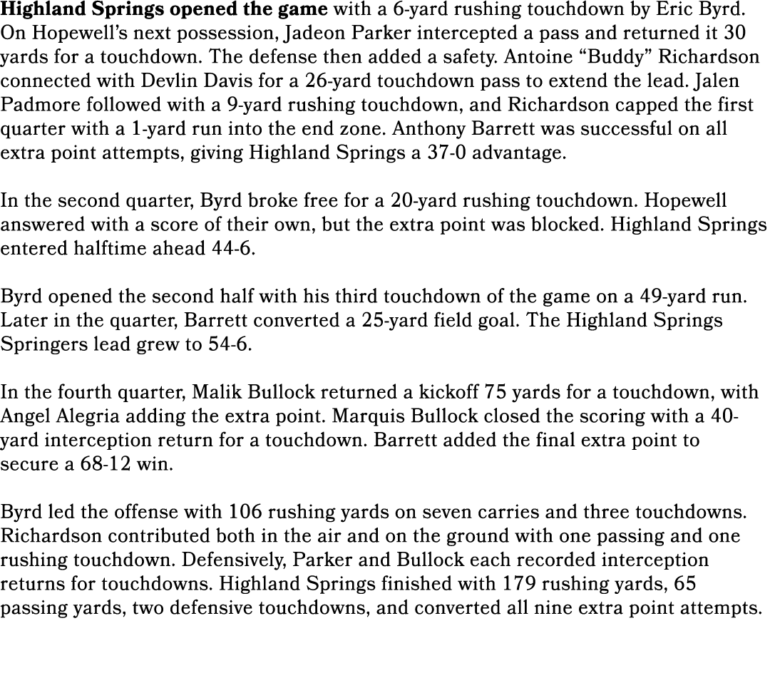 Highland Springs opened the game with a 6-yard rushing touchdown by Eric Byrd. On Hopewell’s next possession, Jadeon ...