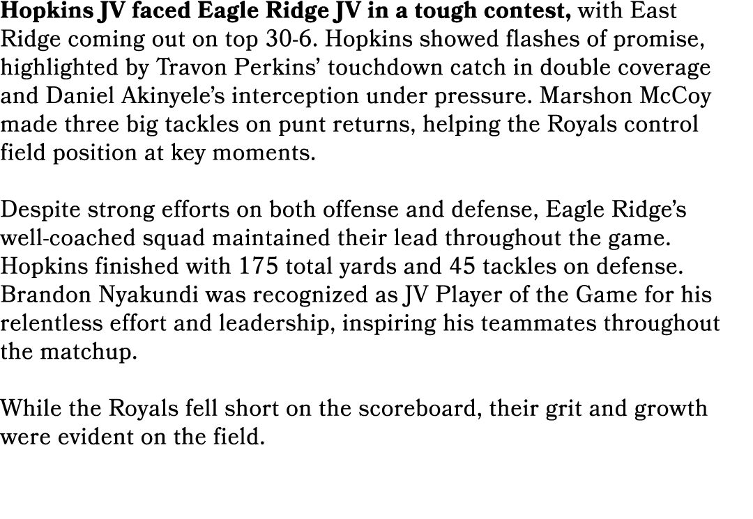 Hopkins JV faced Eagle Ridge JV in a tough contest, with East Ridge coming out on top 30 6. Hopkins showed flashes of...