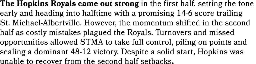 The Hopkins Royals came out strong in the first half, setting the tone early and heading into halftime with a promisi...