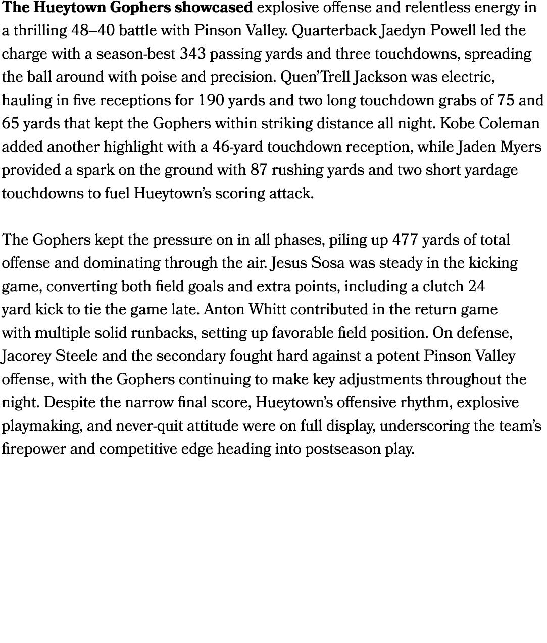 The Hueytown Gophers showcased explosive offense and relentless energy in a thrilling 48–40 battle with Pinson Valley...