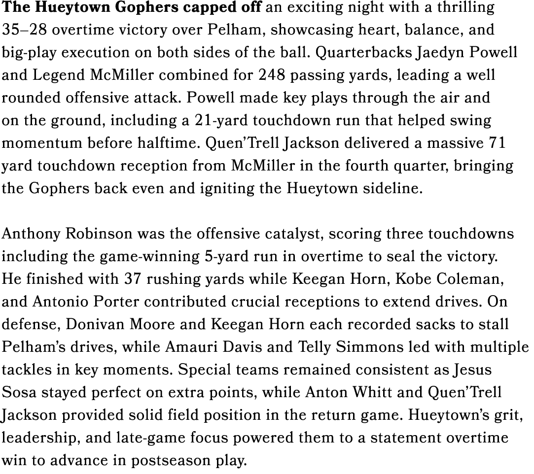 The Hueytown Gophers capped off an exciting night with a thrilling 35–28 overtime victory over Pelham, showcasing hea...