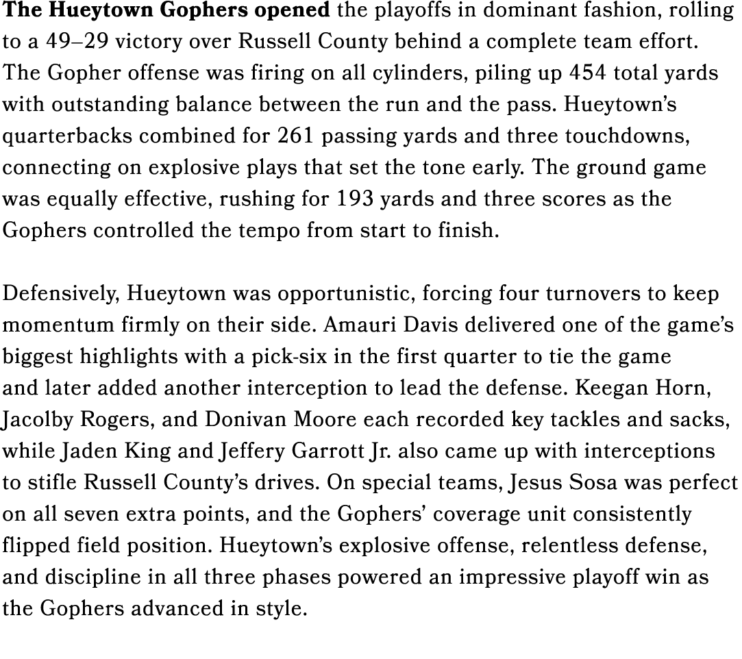 The Hueytown Gophers opened the playoffs in dominant fashion, rolling to a 49–29 victory over Russell County behind a...