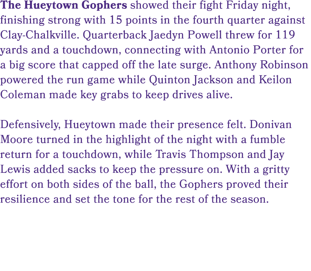 The Hueytown Gophers showed their fight Friday night, finishing strong with 15 points in the fourth quarter against C...
