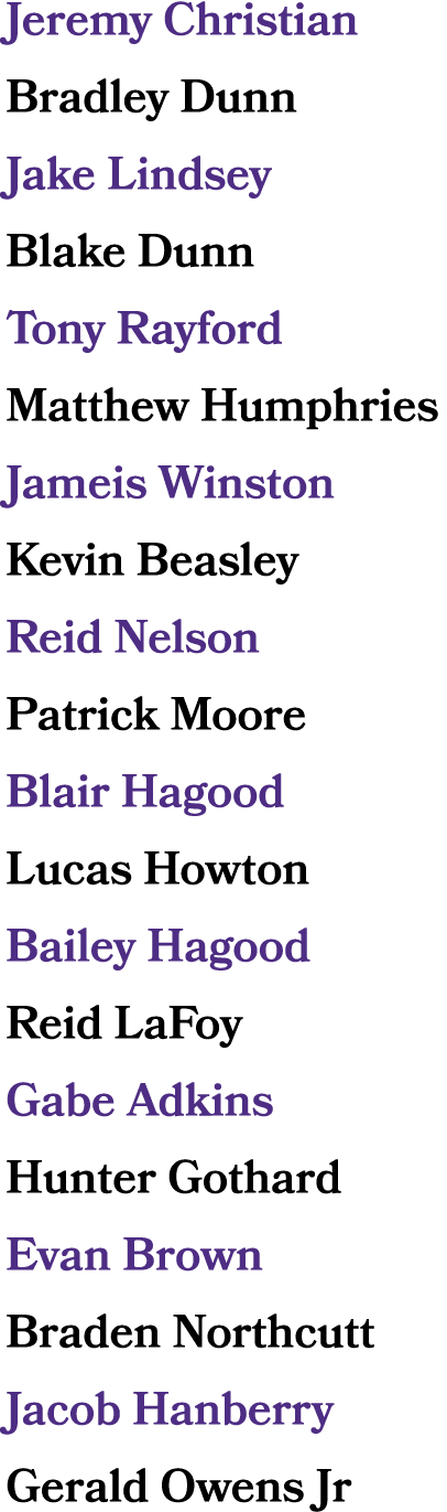 Jeremy Christian Bradley Dunn Jake Lindsey Blake Dunn Tony Rayford Matthew Humphries Jameis Winston Kevin Beasley Rei...