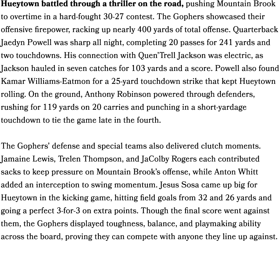 Hueytown battled through a thriller on the road, pushing Mountain Brook to overtime in a hard fought 30 27 contest. T...