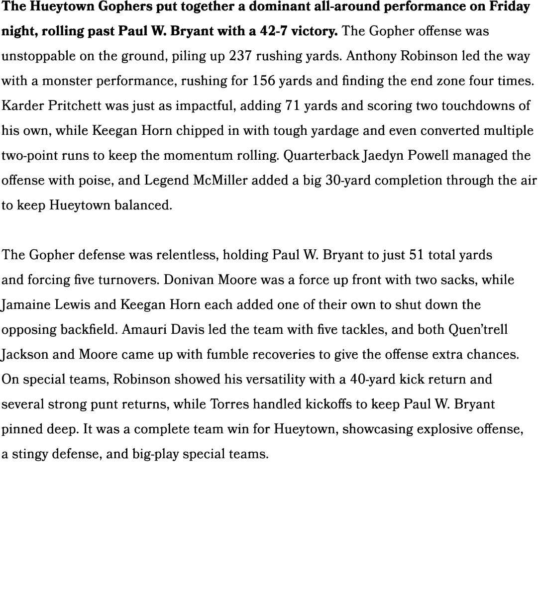 The Hueytown Gophers put together a dominant all around performance on Friday night, rolling past Paul W. Bryant with...