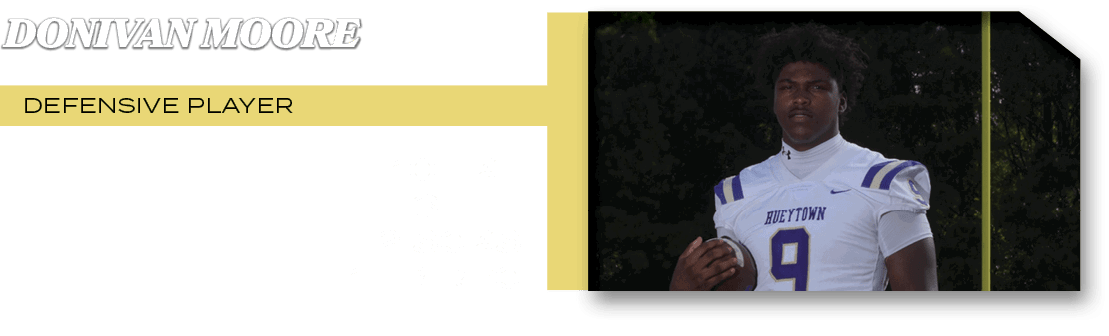 DEFENSIVE PLAYER,10 TKL 3 TFL 2 SCKS 1 FB REC,DONIVAN MOOR