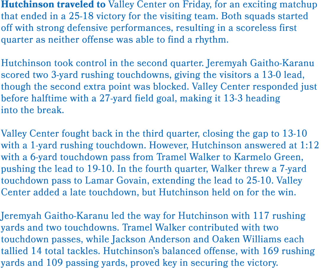 Hutchinson traveled to Valley Center on Friday, for an exciting matchup that ended in a 25 18 victory for the visitin...