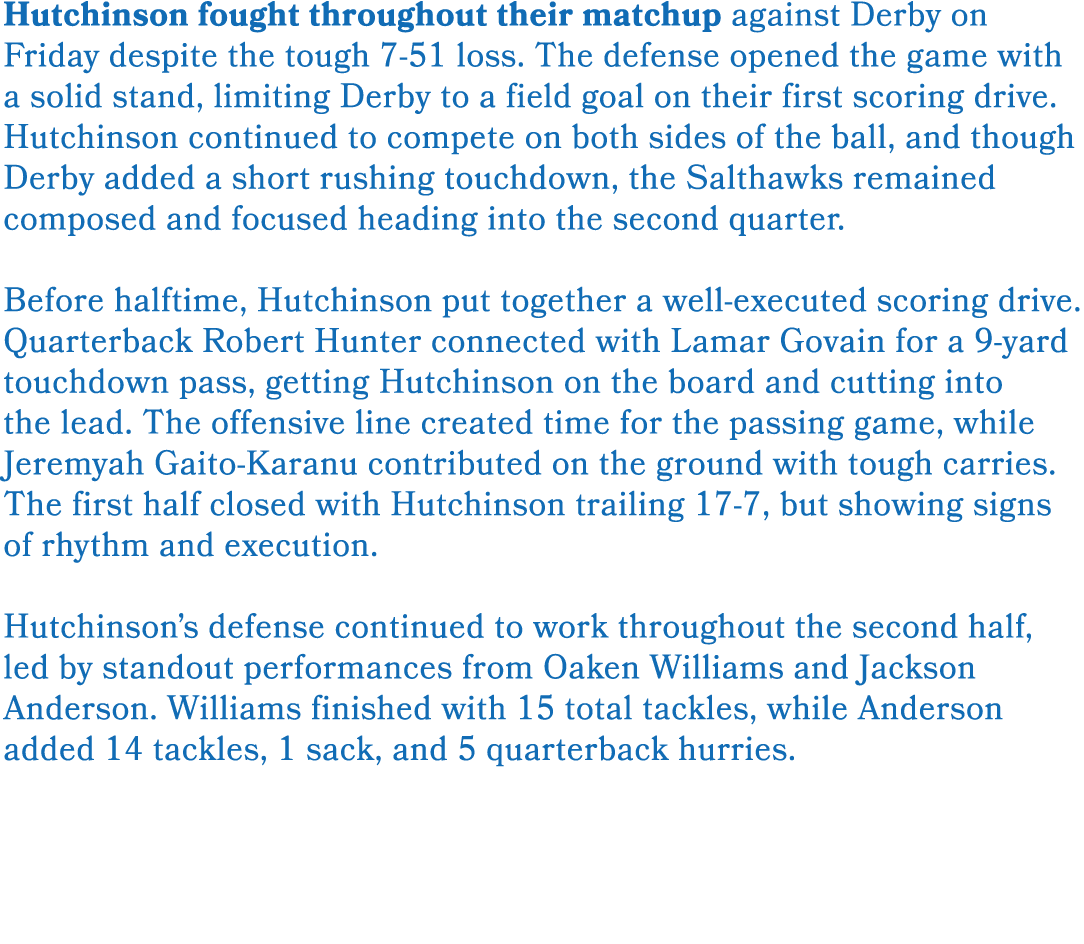 Hutchinson fought throughout their matchup against Derby on Friday despite the tough 7 51 loss. The defense opened th...