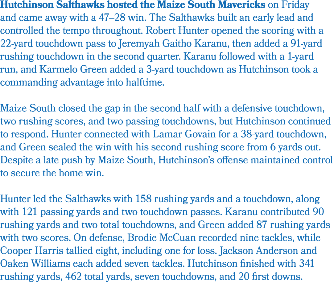 Hutchinson Salthawks hosted the Maize South Mavericks on Friday and came away with a 47–28 win. The Salthawks built a...