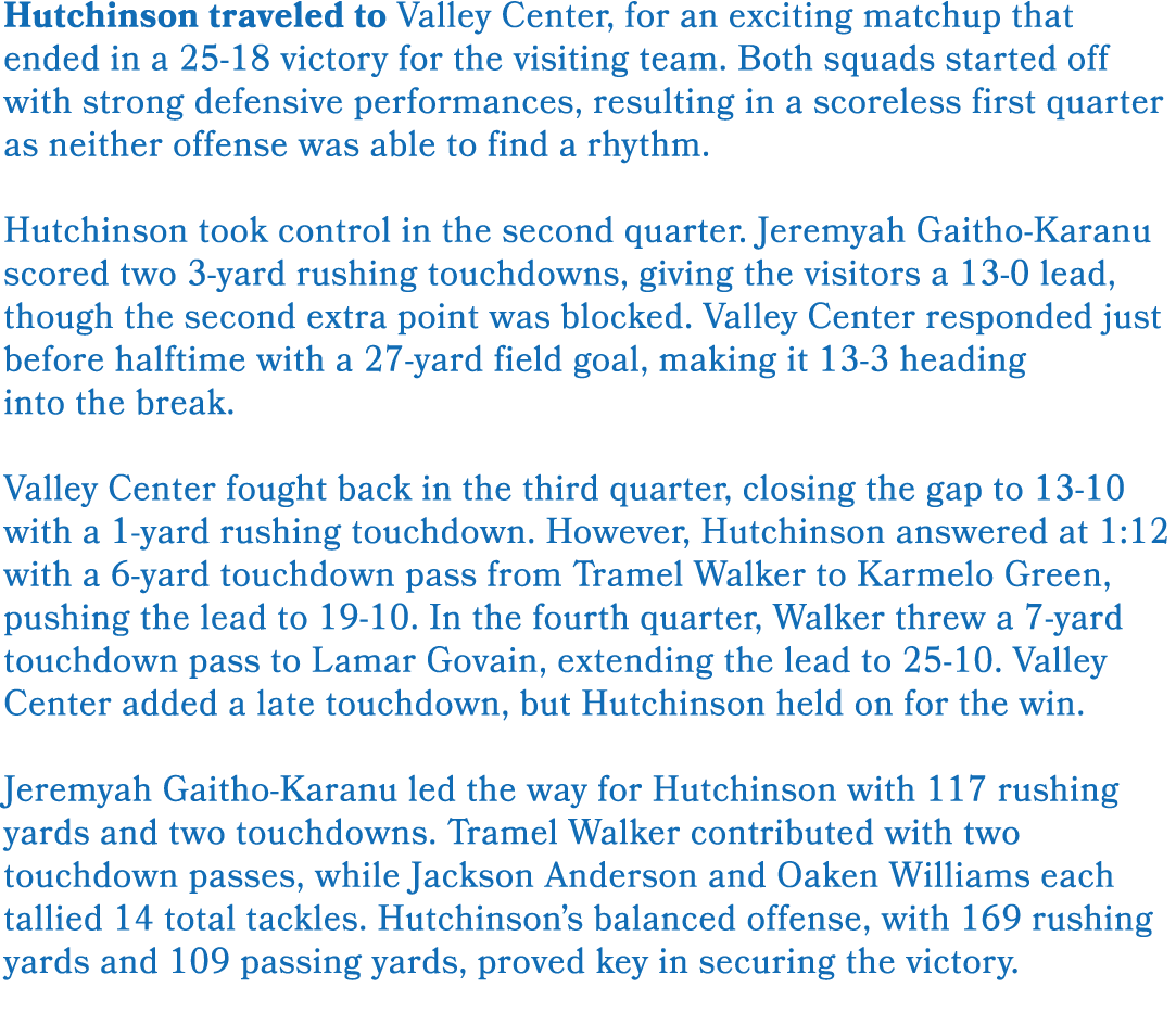 Hutchinson traveled to Valley Center, for an exciting matchup that ended in a 25 18 victory for the visiting team. Bo...