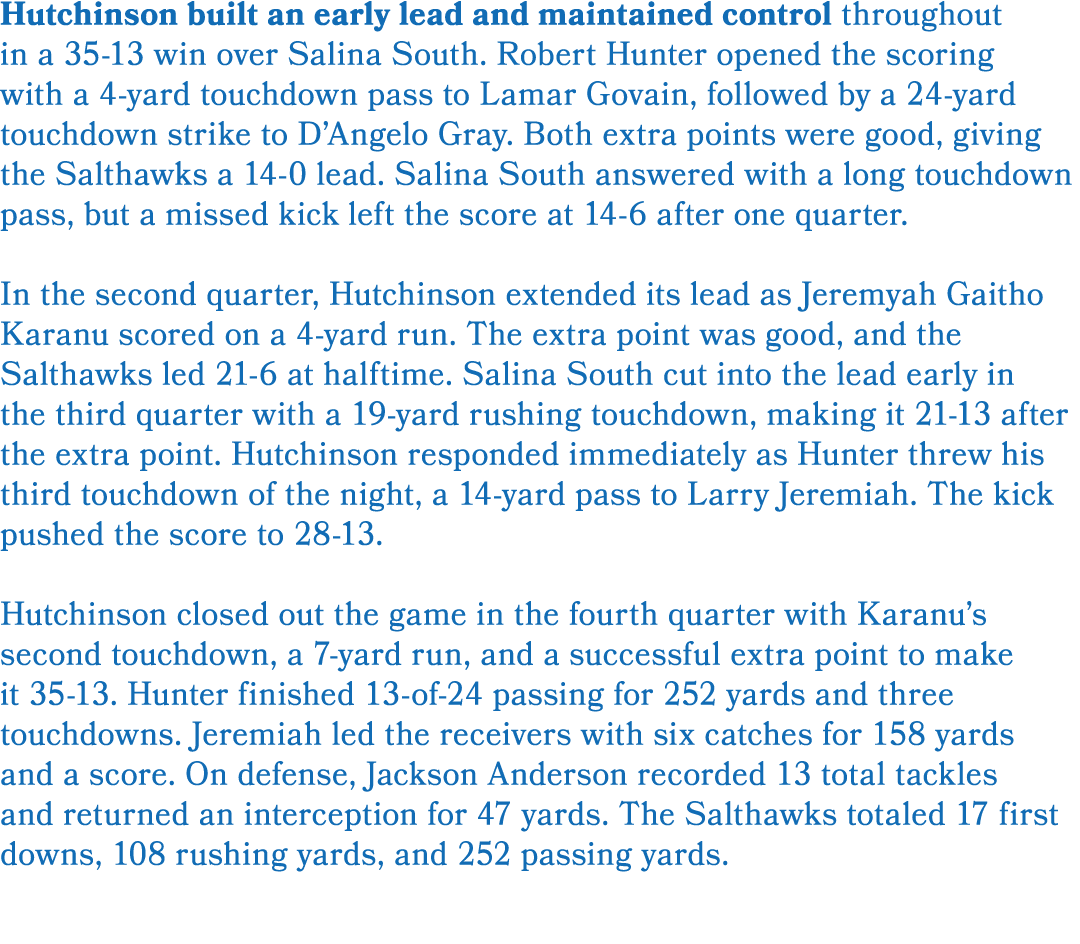 Hutchinson built an early lead and maintained control throughout in a 35 13 win over Salina South. Robert Hunter open...