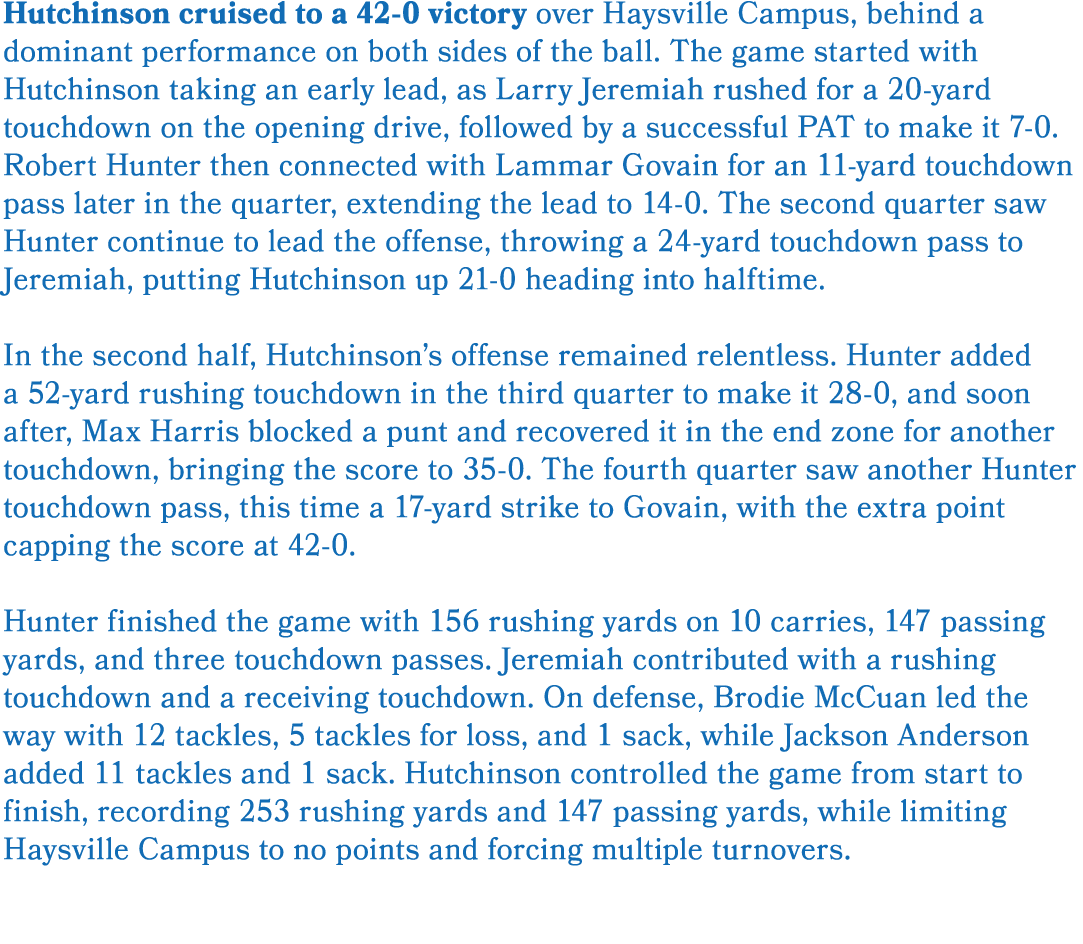 Hutchinson cruised to a 42 0 victory over Haysville Campus, behind a dominant performance on both sides of the ball. ...
