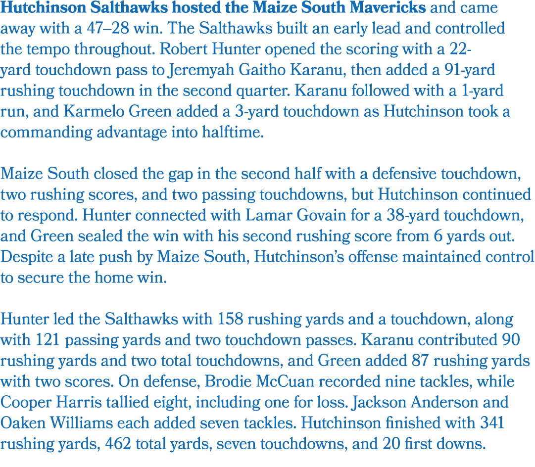 Hutchinson Salthawks hosted the Maize South Mavericks and came away with a 47–28 win. The Salthawks built an early le...