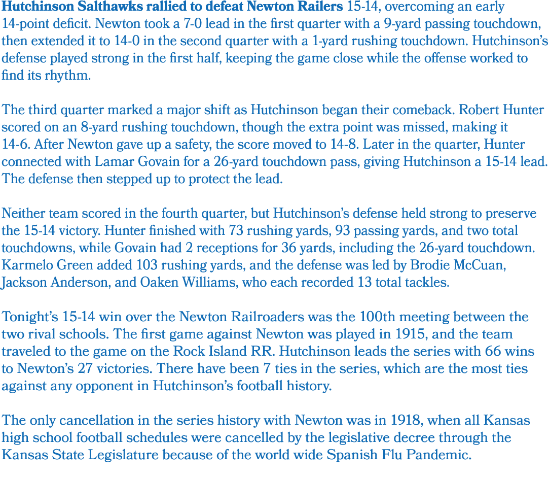 Hutchinson Salthawks rallied to defeat Newton Railers 15 14, overcoming an early 14 point deficit. Newton took a 7 0 ...