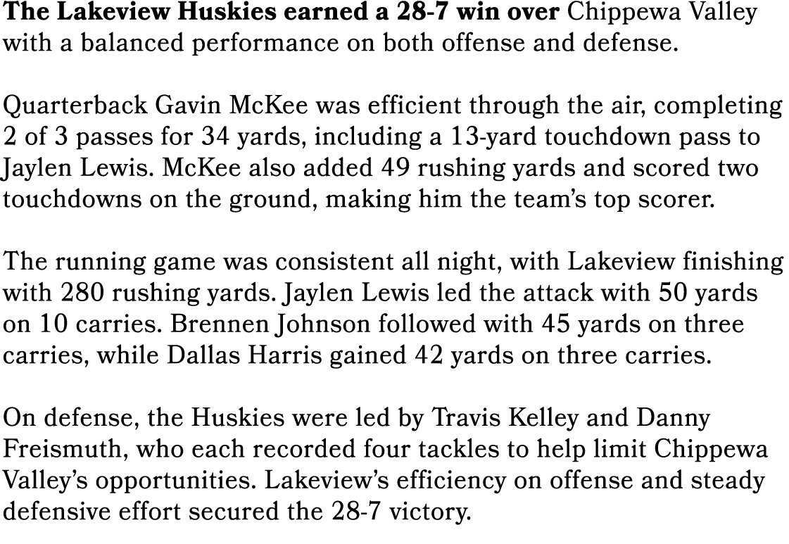 The Lakeview Huskies earned a 28 7 win over Chippewa Valley with a balanced performance on both offense and defense. ...