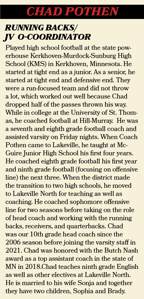 Chad Pothen,Played high school football at the state powerhouse Kerkhoven-Murdock-Sunburg High School (KMS) in Kerkho...