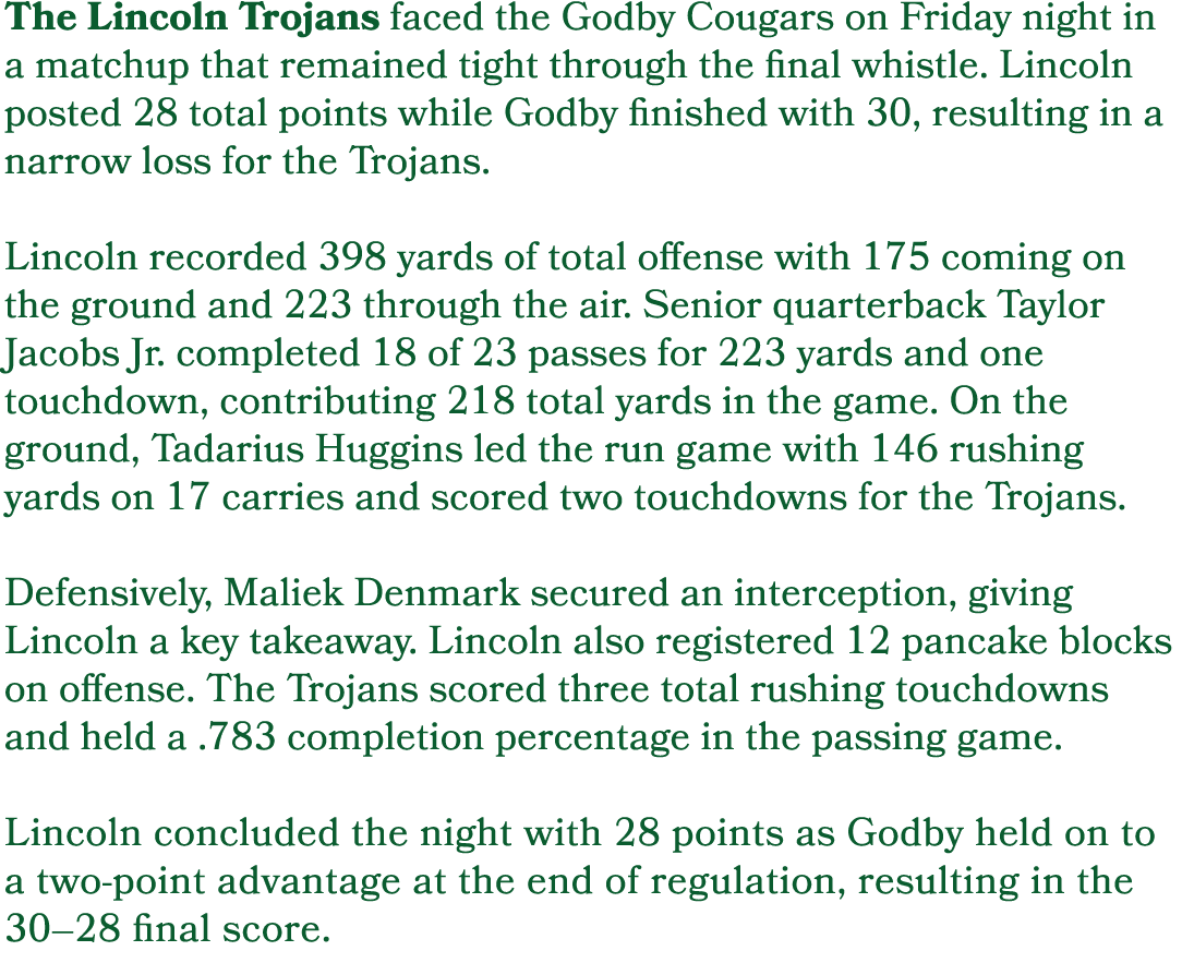 The Lincoln Trojans faced the Godby Cougars on Friday night in a matchup that remained tight through the final whistl...