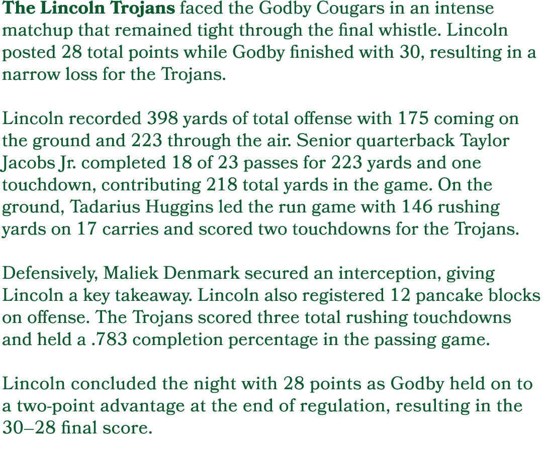 The Lincoln Trojans faced the Godby Cougars in an intense matchup that remained tight through the final whistle. Linc...