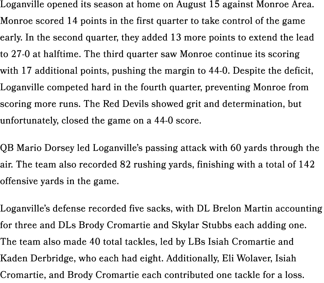 Loganville opened its season at home on August 15 against Monroe Area. Monroe scored 14 points in the first quarter t...