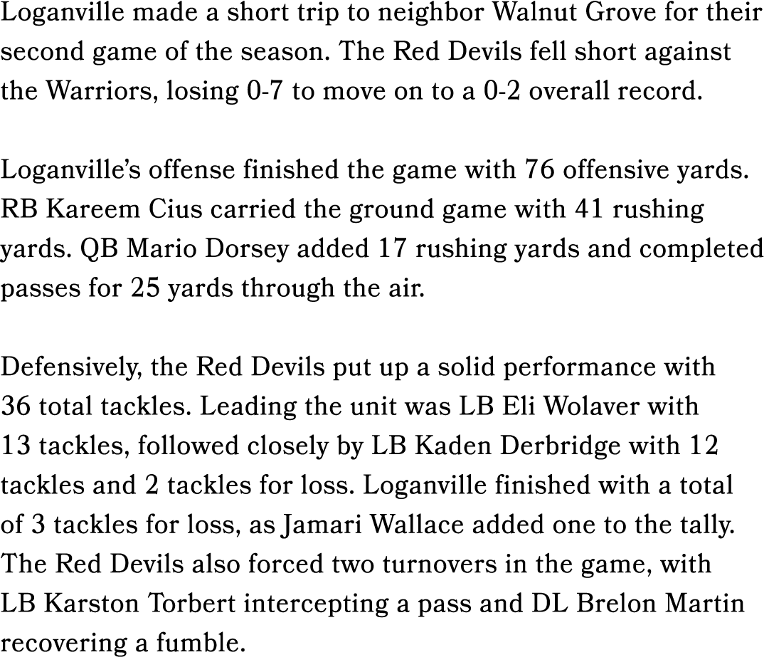 Loganville made a short trip to neighbor Walnut Grove for their second game of the season. The Red Devils fell short ...