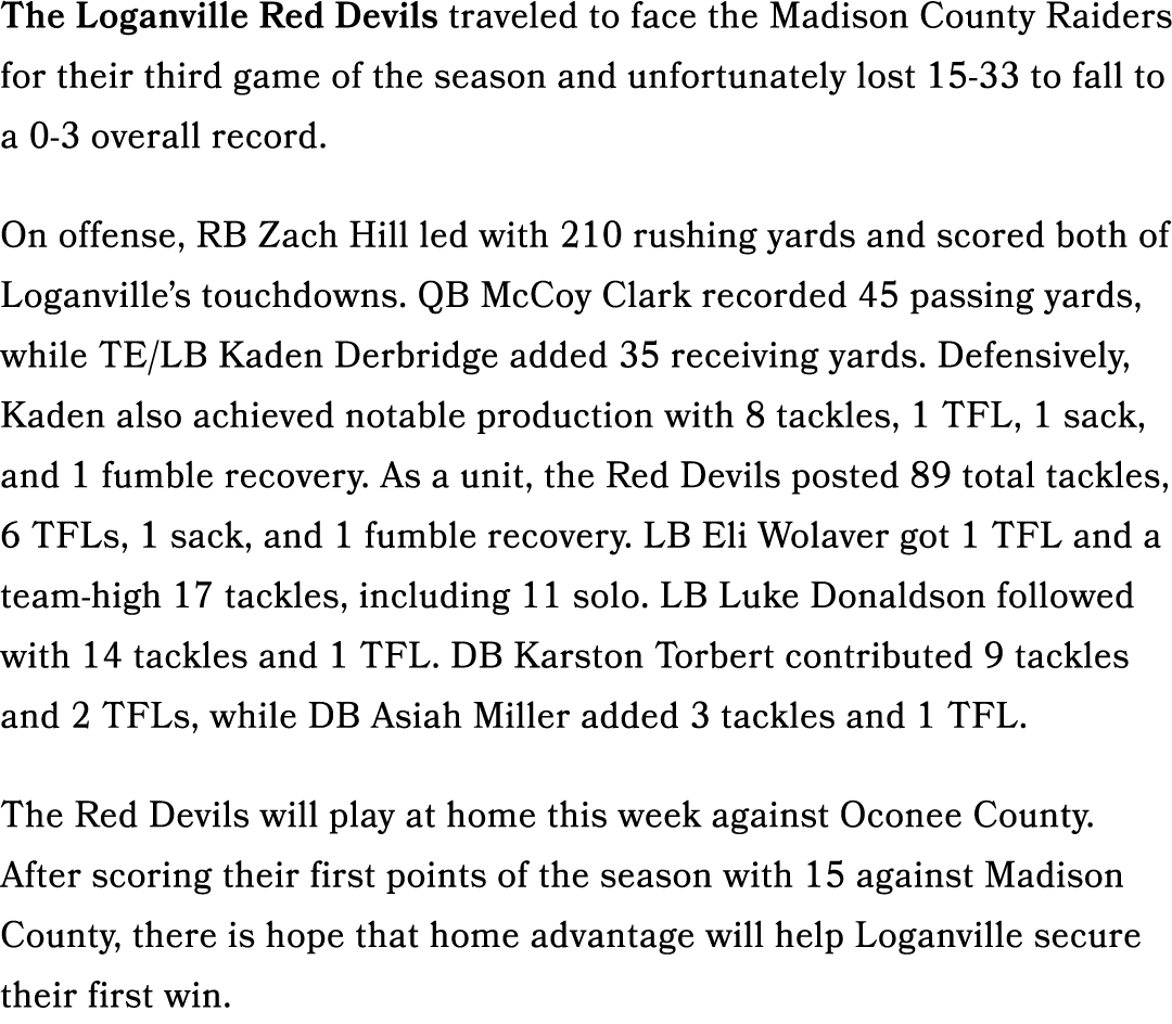 The Loganville Red Devils traveled to face the Madison County Raiders for their third game of the season and unfortun...