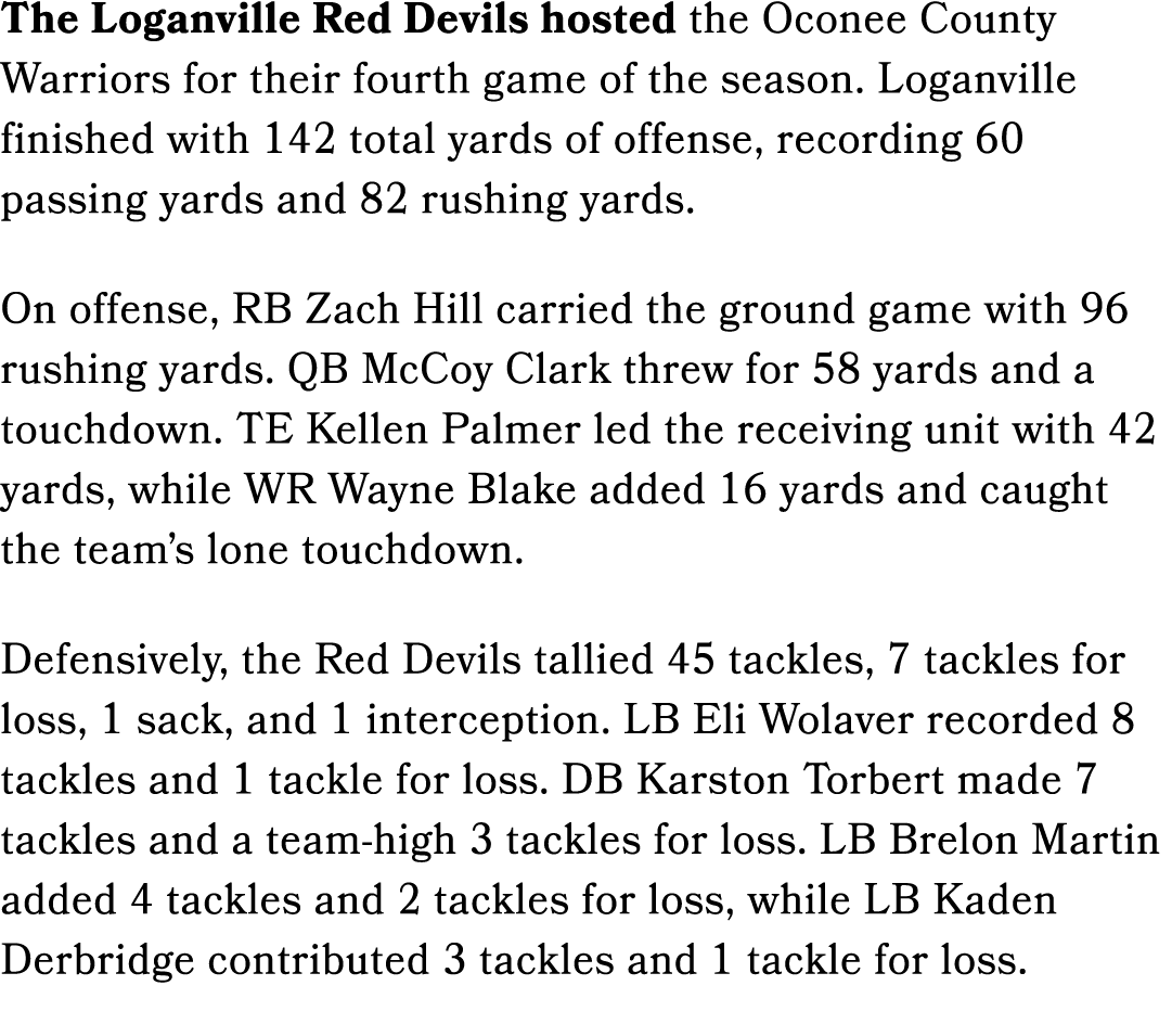 The Loganville Red Devils hosted the Oconee County Warriors for their fourth game of the season. Loganville finished ...