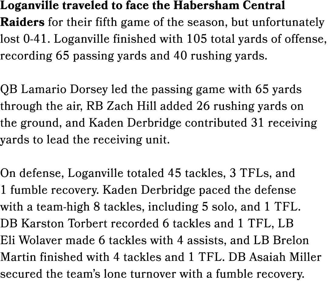 Loganville traveled to face the Habersham Central Raiders for their fifth game of the season, but unfortunately lost ...