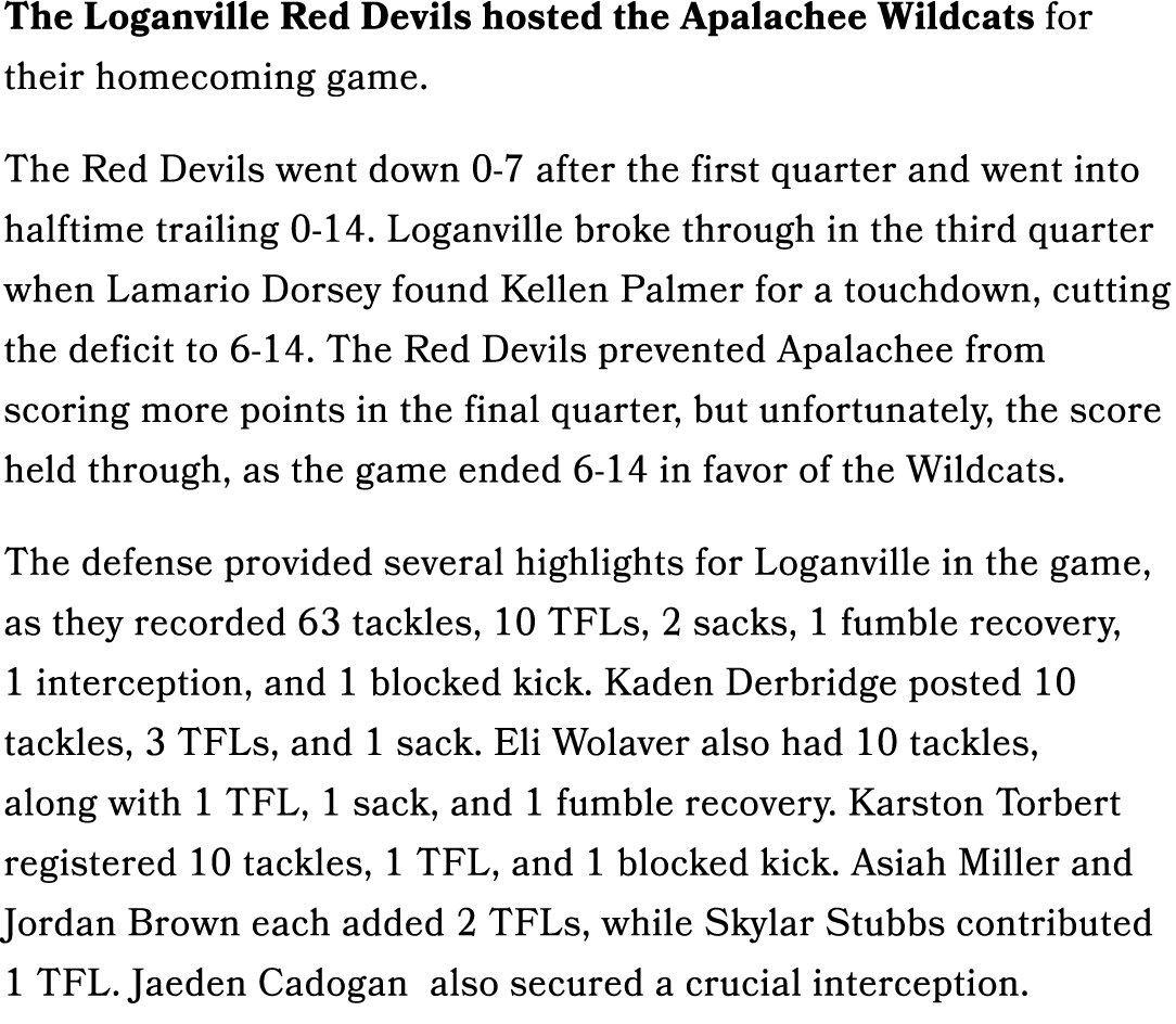 The Loganville Red Devils hosted the Apalachee Wildcats for their homecoming game. The Red Devils went down 0 7 after...