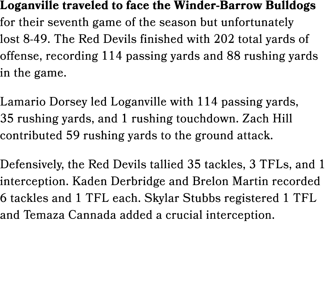 Loganville traveled to face the Winder Barrow Bulldogs for their seventh game of the season but unfortunately lost 8 ...