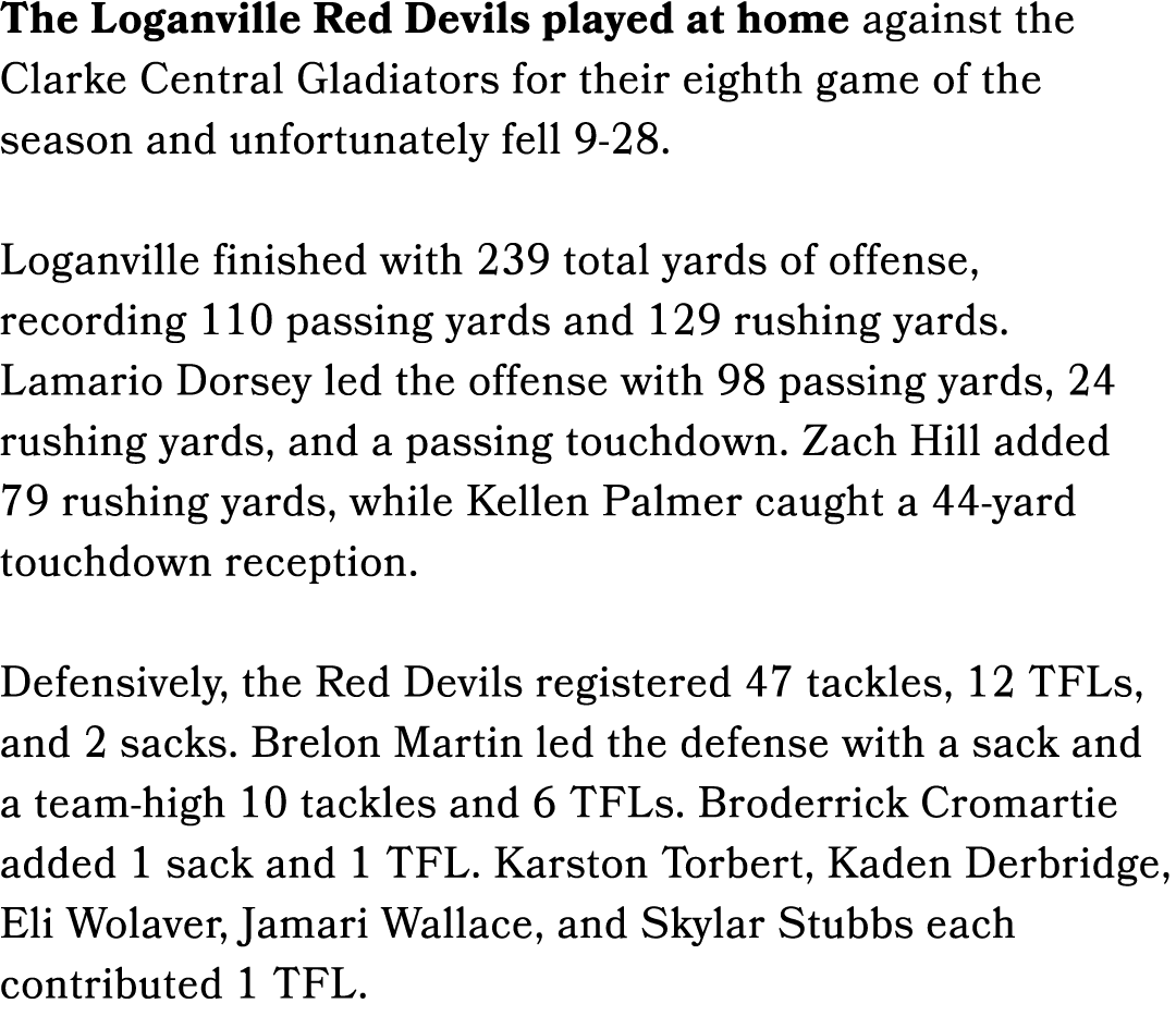 The Loganville Red Devils played at home against the Clarke Central Gladiators for their eighth game of the season an...