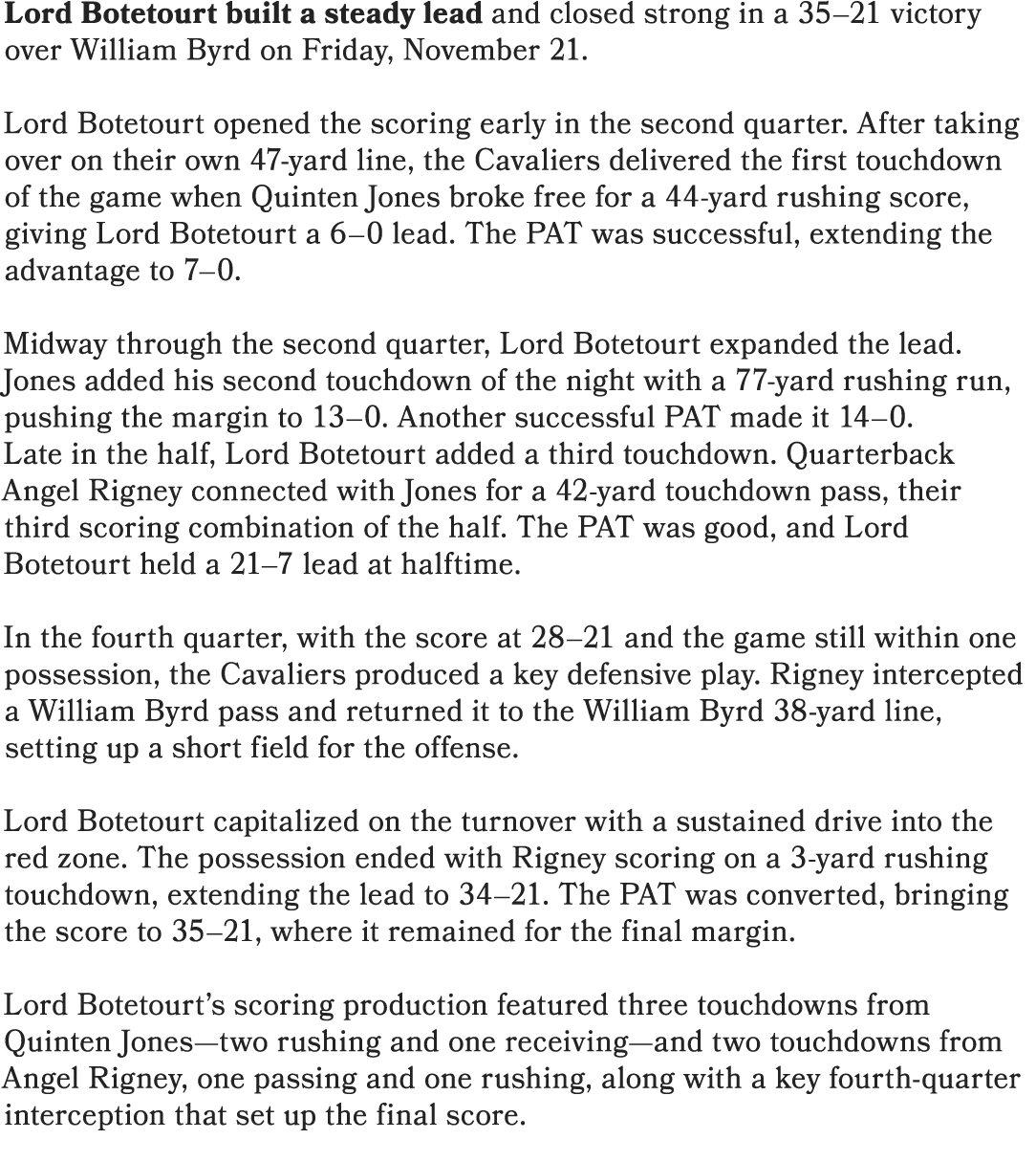 Lord Botetourt built a steady lead and closed strong in a 35–21 victory over William Byrd on Friday, November 21. Lor...