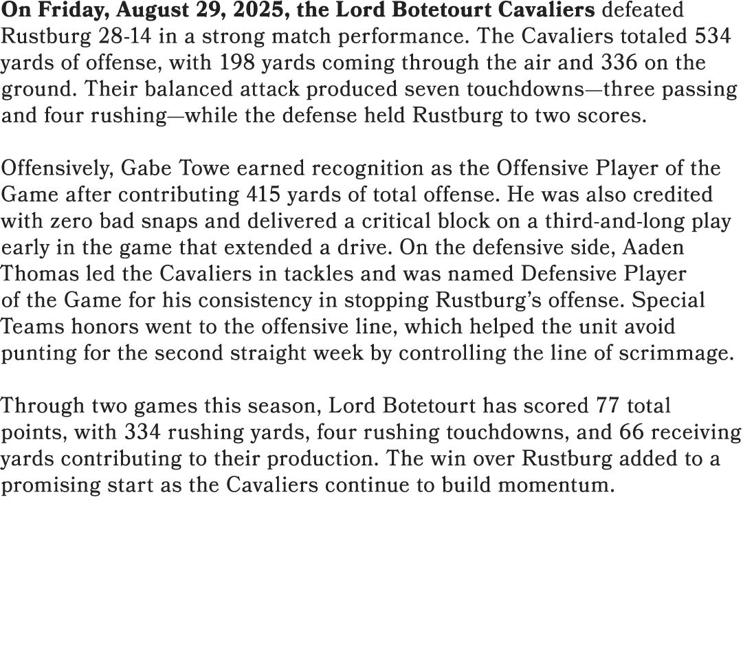 On Friday, August 29, 2025, the Lord Botetourt Cavaliers defeated Rustburg 28 14 in a strong match performance. The C...