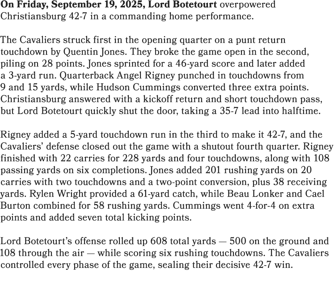On Friday, September 19, 2025, Lord Botetourt overpowered Christiansburg 42 7 in a commanding home performance. The C...