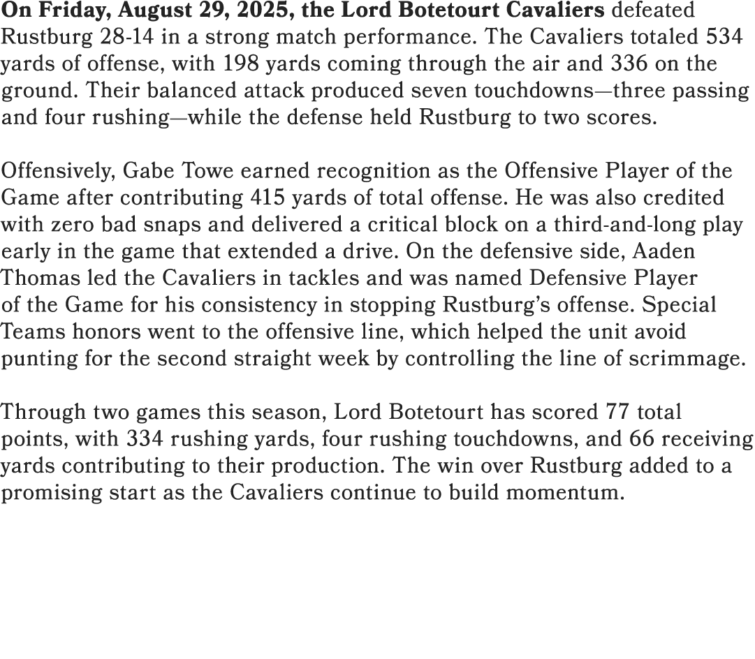 On Friday, August 29, 2025, the Lord Botetourt Cavaliers defeated Rustburg 28 14 in a strong match performance. The C...