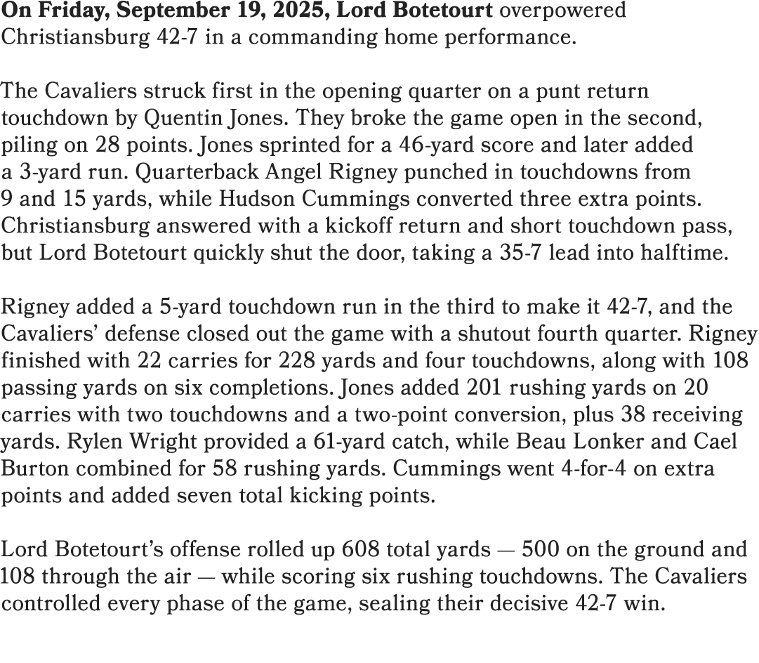 On Friday, September 19, 2025, Lord Botetourt overpowered Christiansburg 42 7 in a commanding home performance. The C...