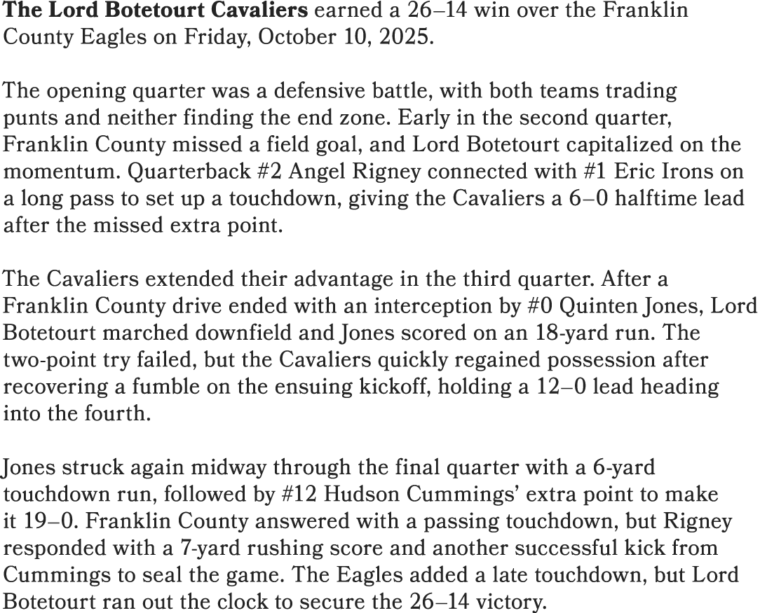 The Lord Botetourt Cavaliers earned a 26–14 win over the Franklin County Eagles on Friday, October 10, 2025. The open...