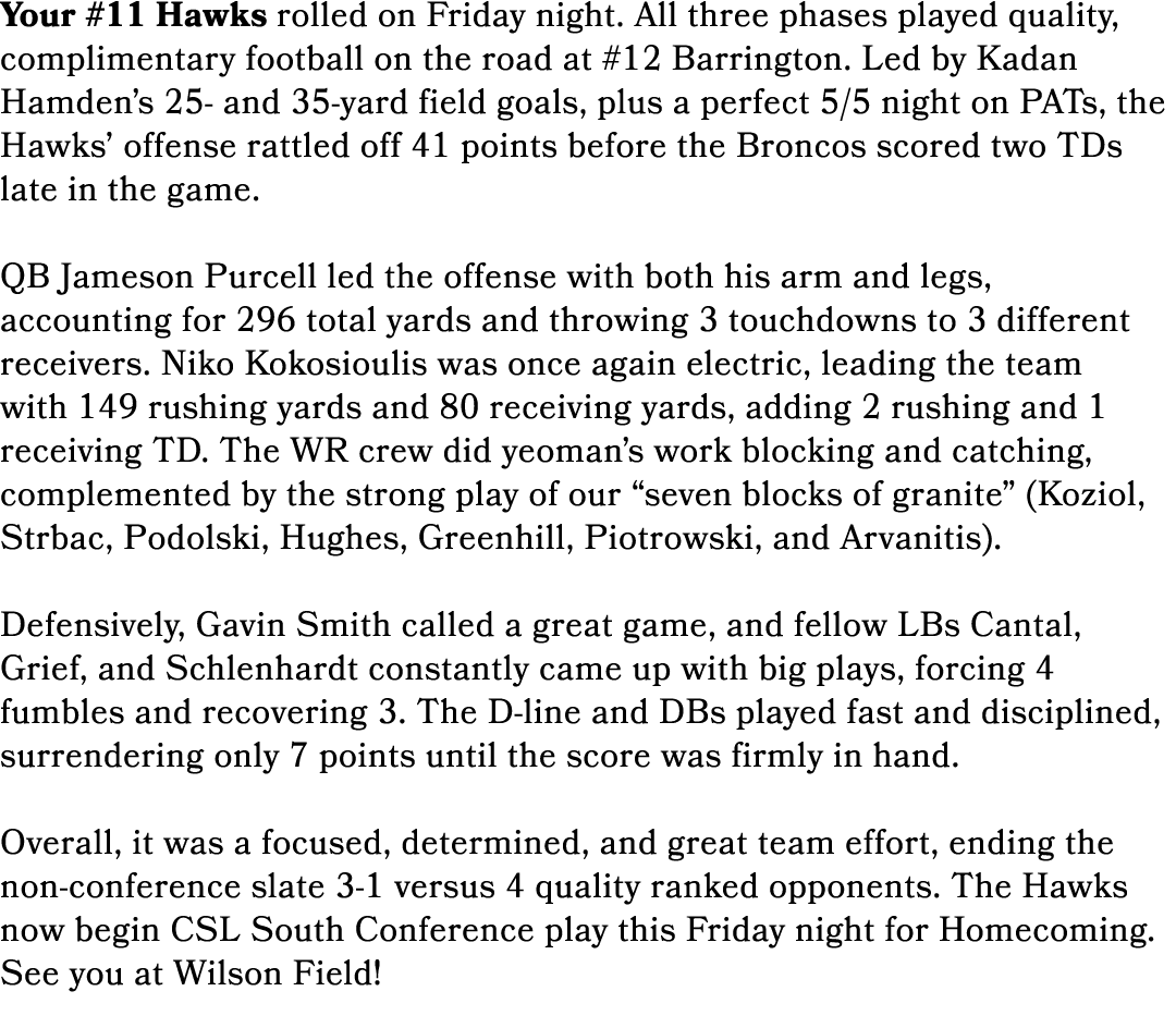 Your #11 Hawks rolled on Friday night. All three phases played quality, complimentary football on the road at #12 Bar...