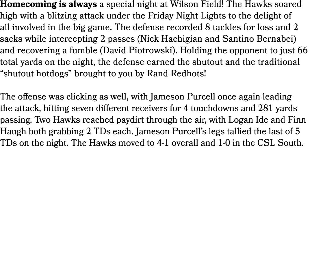 Homecoming is always a special night at Wilson Field! The Hawks soared high with a blitzing attack under the Friday N...