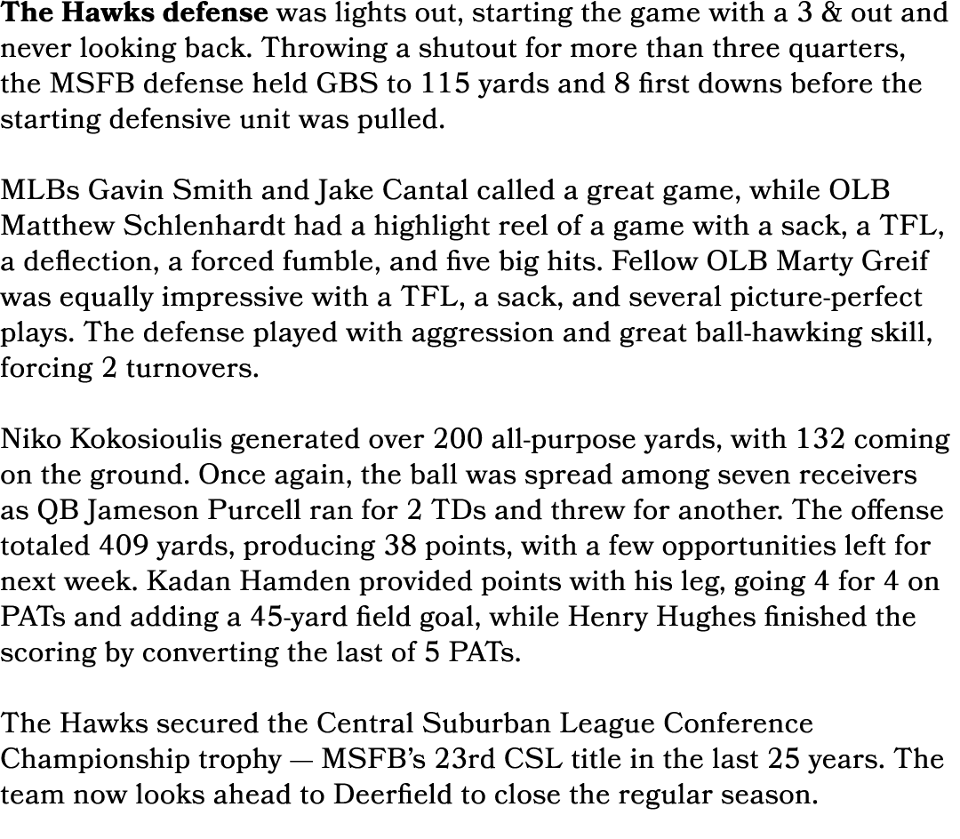 The Hawks defense was lights out, starting the game with a 3 & out and never looking back. Throwing a shutout for mor...