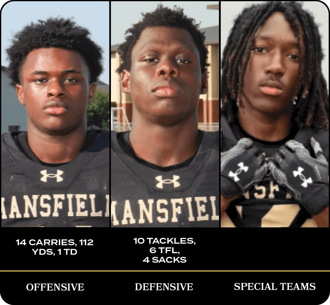 10 tackles, 6 TFL, 4 Sacks ,14 Carries, 112 yds, 1 TD,SPECIAL TEAMS,DEFENSIVE,OFFENSIV
